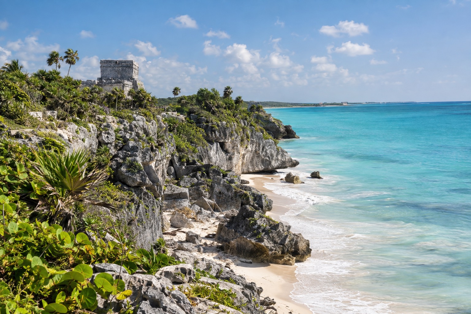 Stone ruins on a low cliff above turquoise Caribbean water on the Tulum coast