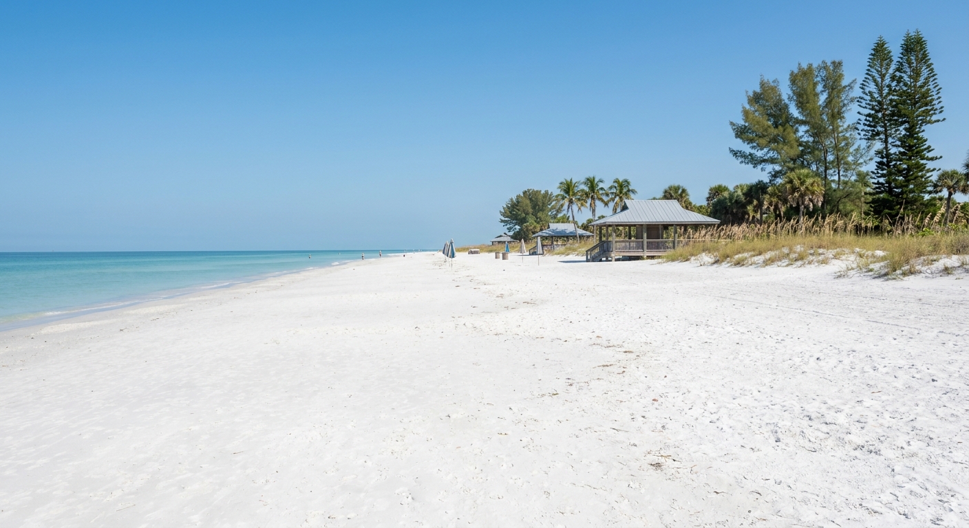 Wide empty white sand beach on a Gulf barrier island at midday