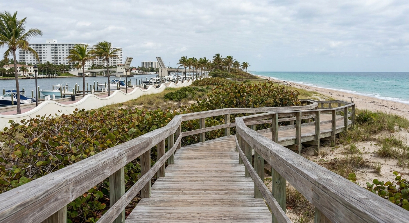 Wooden boardwalk crossing sea grape and dune toward the Atlantic at a Florida state park