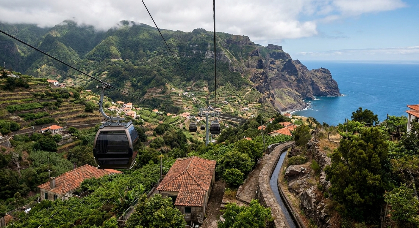 Cable car cabins rising above red-tiled rooftops in Funchal toward the hillside village of Monte