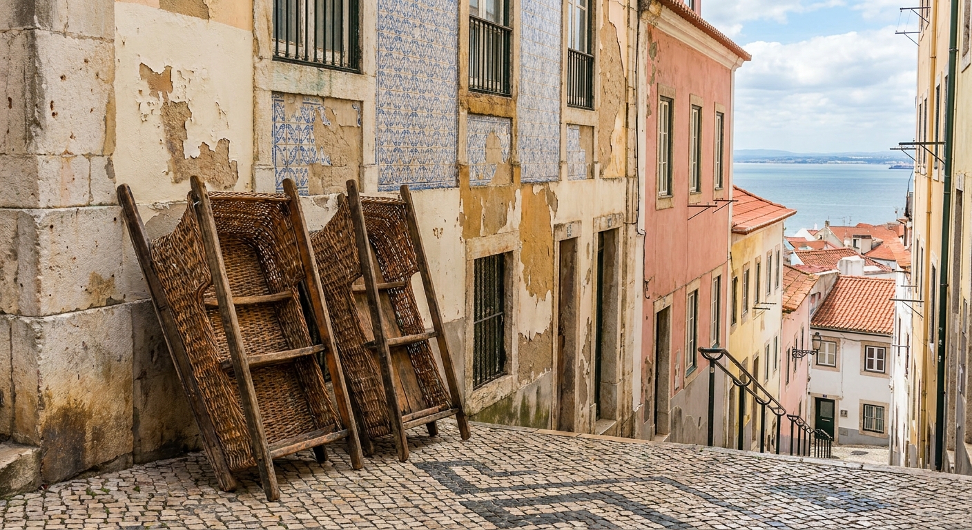 Two wicker toboggans with wooden runners parked on a steep narrow street in Monte