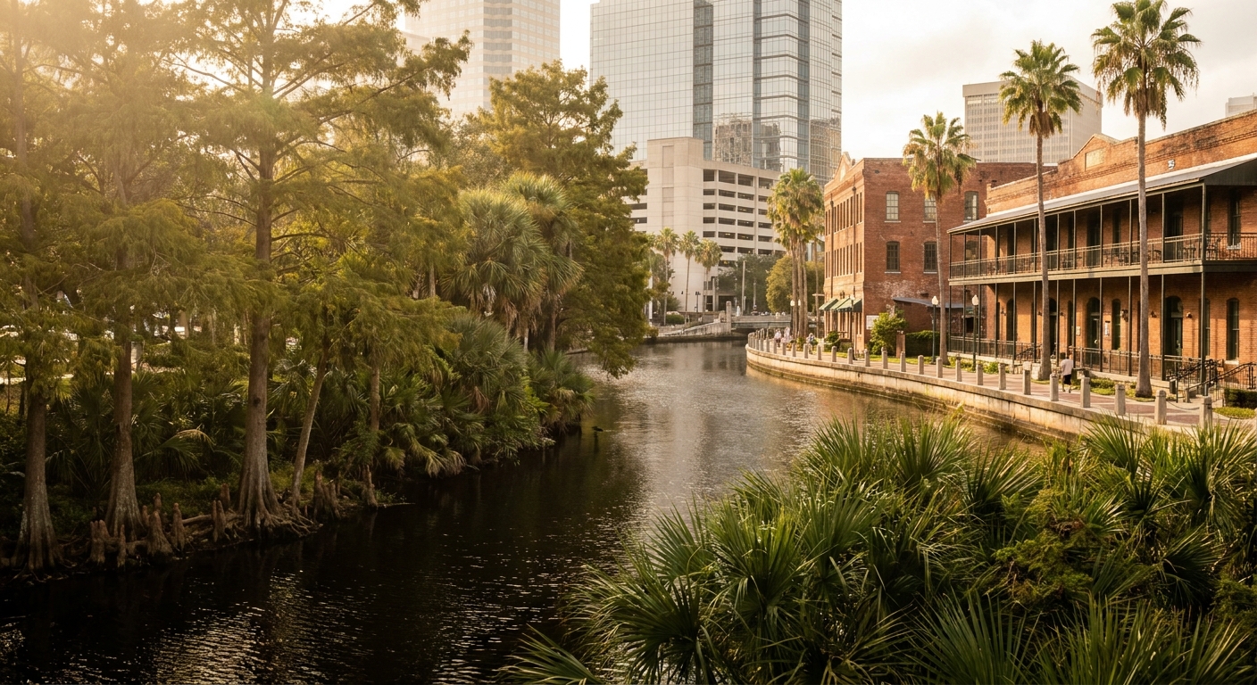 A slow dark river curving between cypress trunks and palmetto under low sun