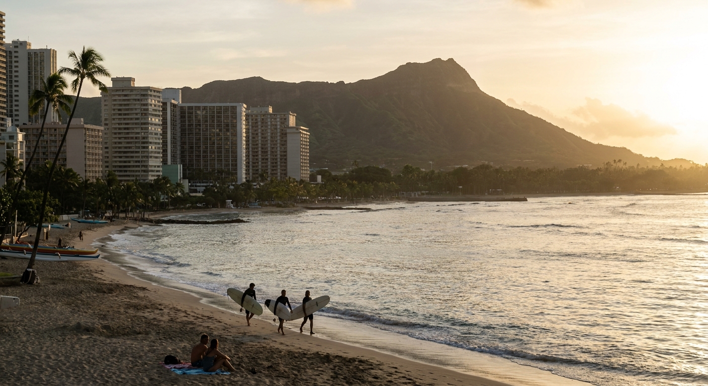 Waikiki Beach at sunrise with Diamond Head crater in the distance