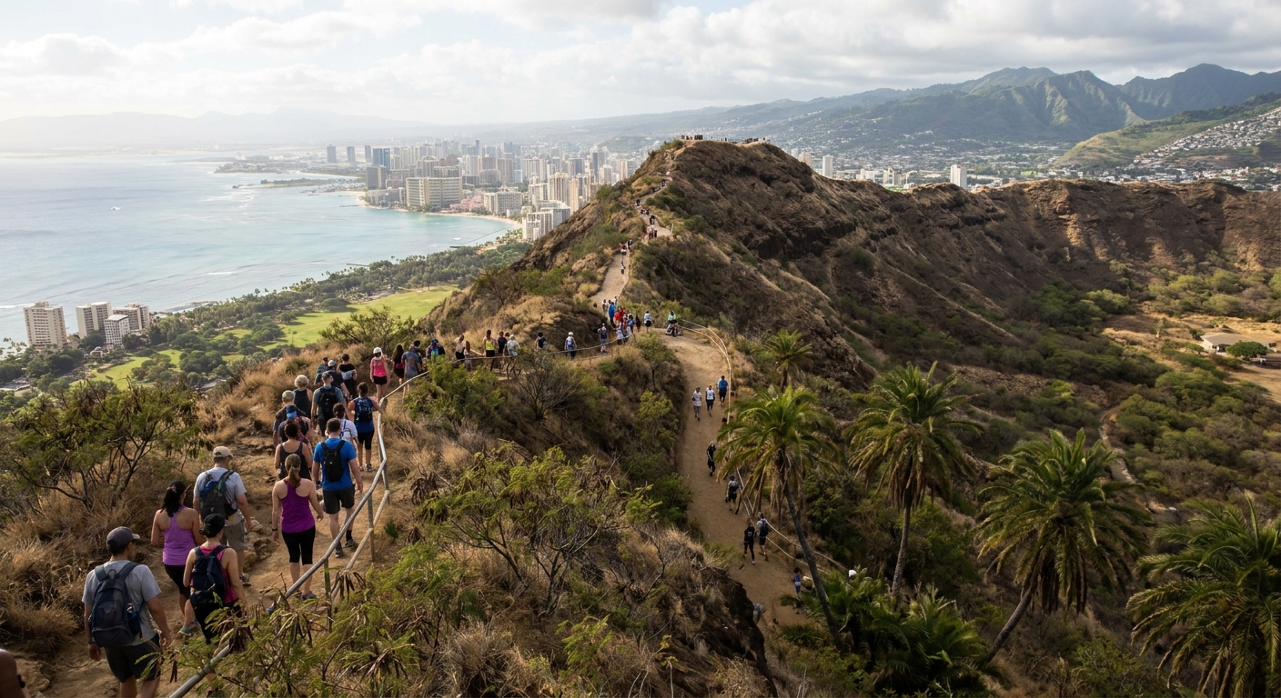 Hikers on the switchback trail leading to the summit of Diamond Head crater