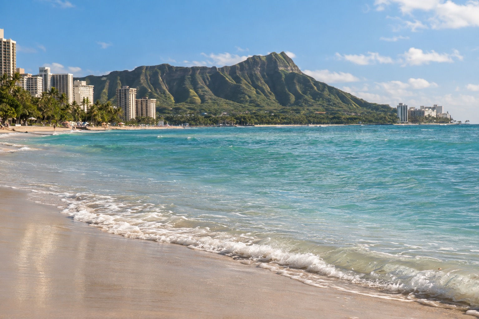 Gentle waves lapping the sand at Waikiki Beach with the green slope of Diamond Head crater in the background under midday sun