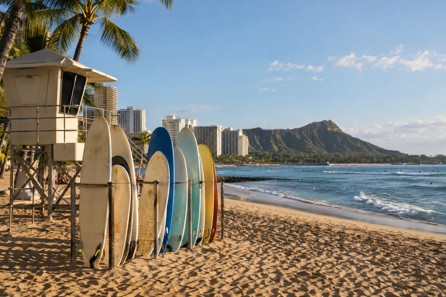 Rental surfboards standing upright in the sand near a lifeguard tower at Waikiki Beach
