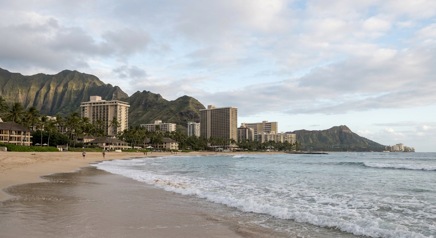 Waves rolling onto a wide sandy beach in front of hotel towers, with a crater visible in the distance