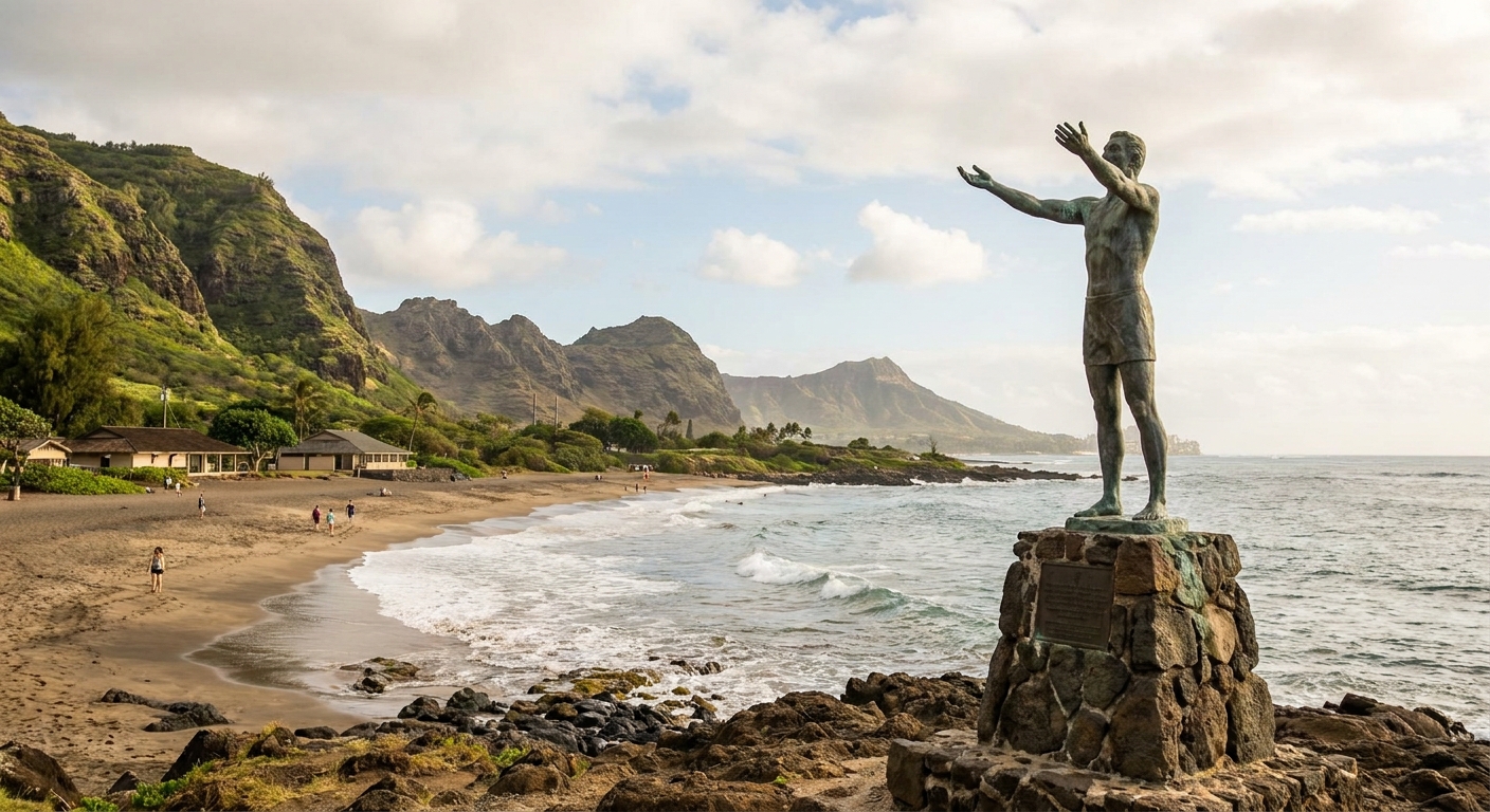 A bronze statue of a surfer with arms outstretched toward the ocean at a beach
