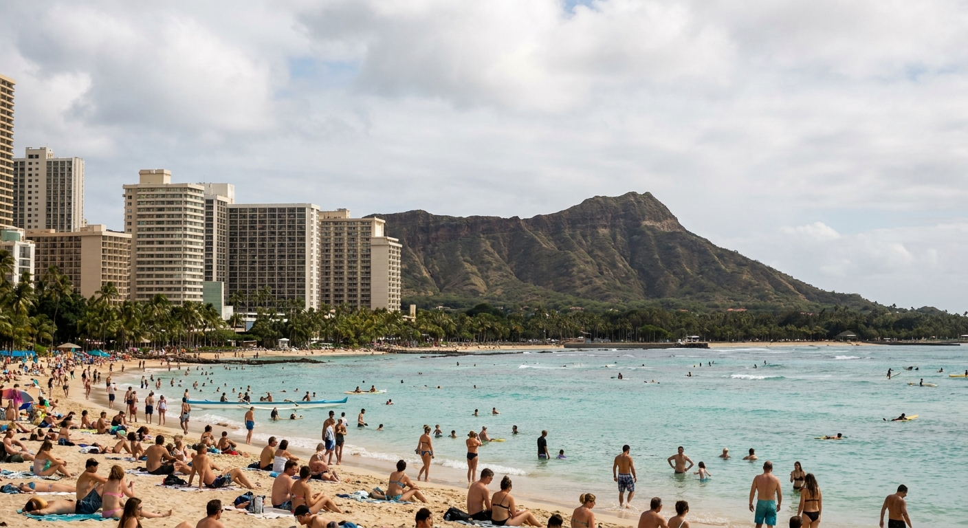 Waikiki Beach in late morning light with Diamond Head visible in the background