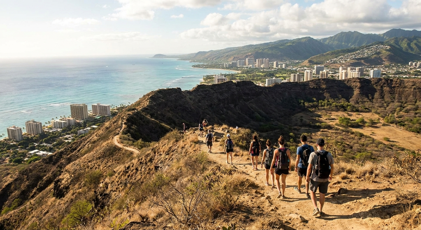 Hikers on the switchback trail up Diamond Head State Monument