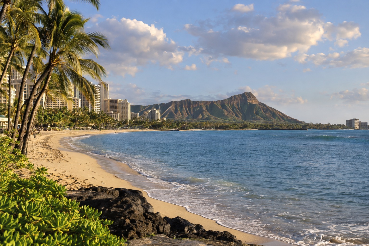 A curved sandy beach lined with palm trees, with a volcanic crater visible in the distance