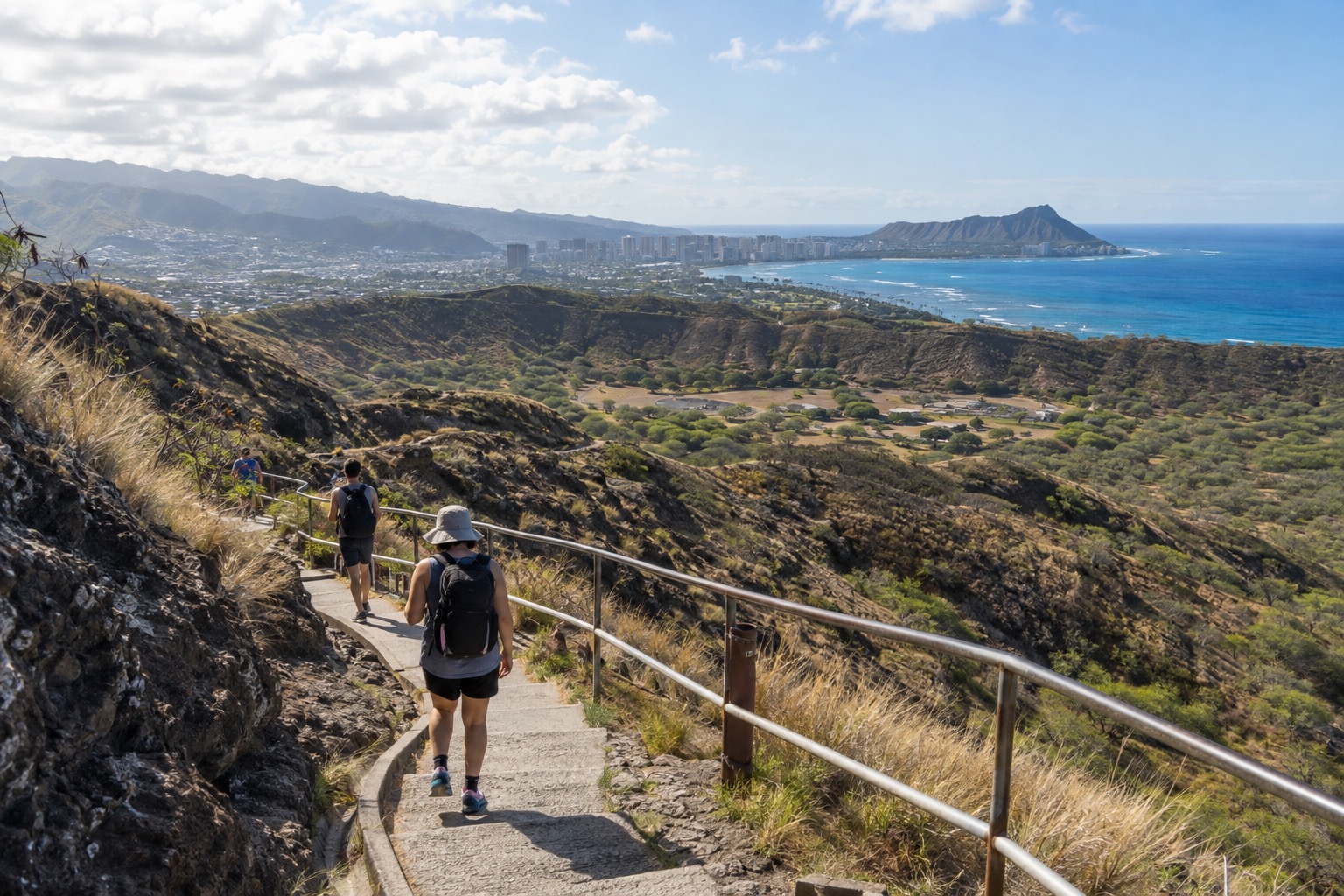 Hikers climbing a paved switchback trail inside a volcanic crater