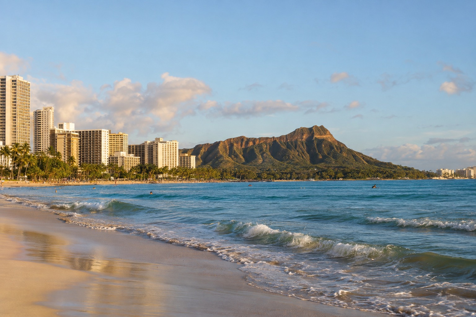 Waikiki Beach in early morning light with Diamond Head crater in the background