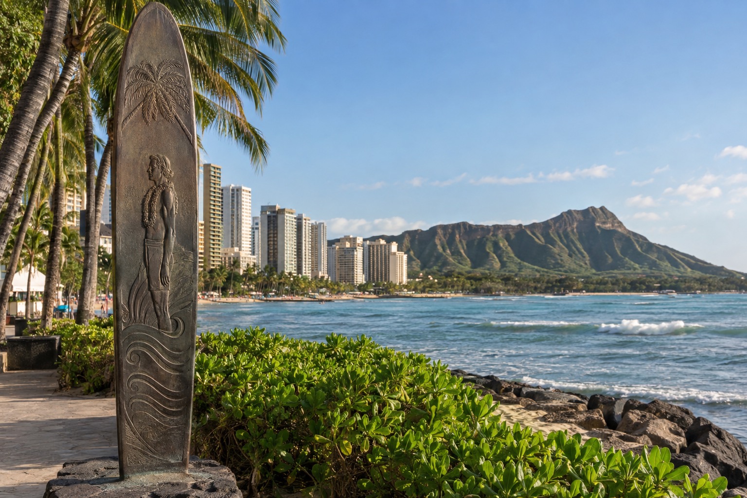 A surfboard-shaped historic marker along Kalakaua Avenue in Waikiki