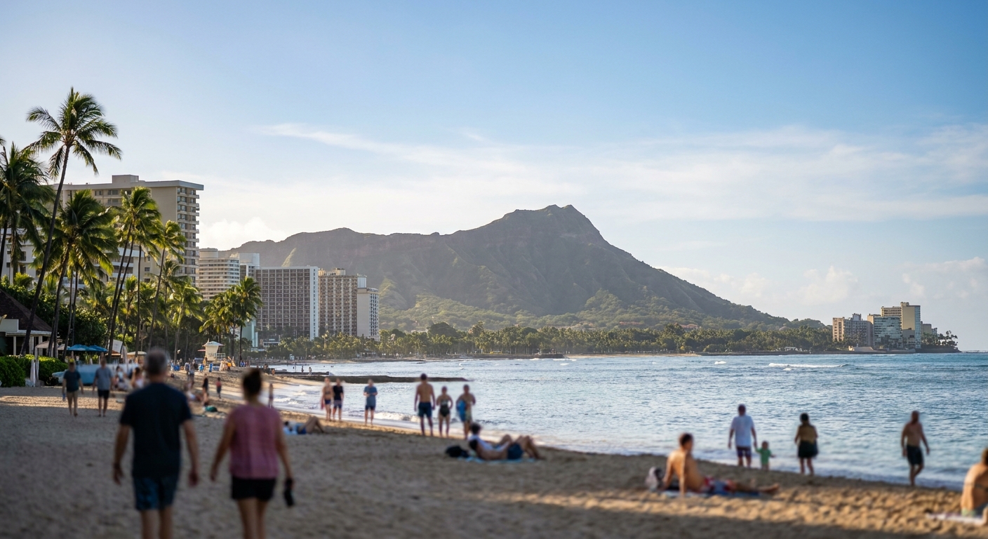 Waikiki Beach with Diamond Head crater rising in the distance under a clear morning sky