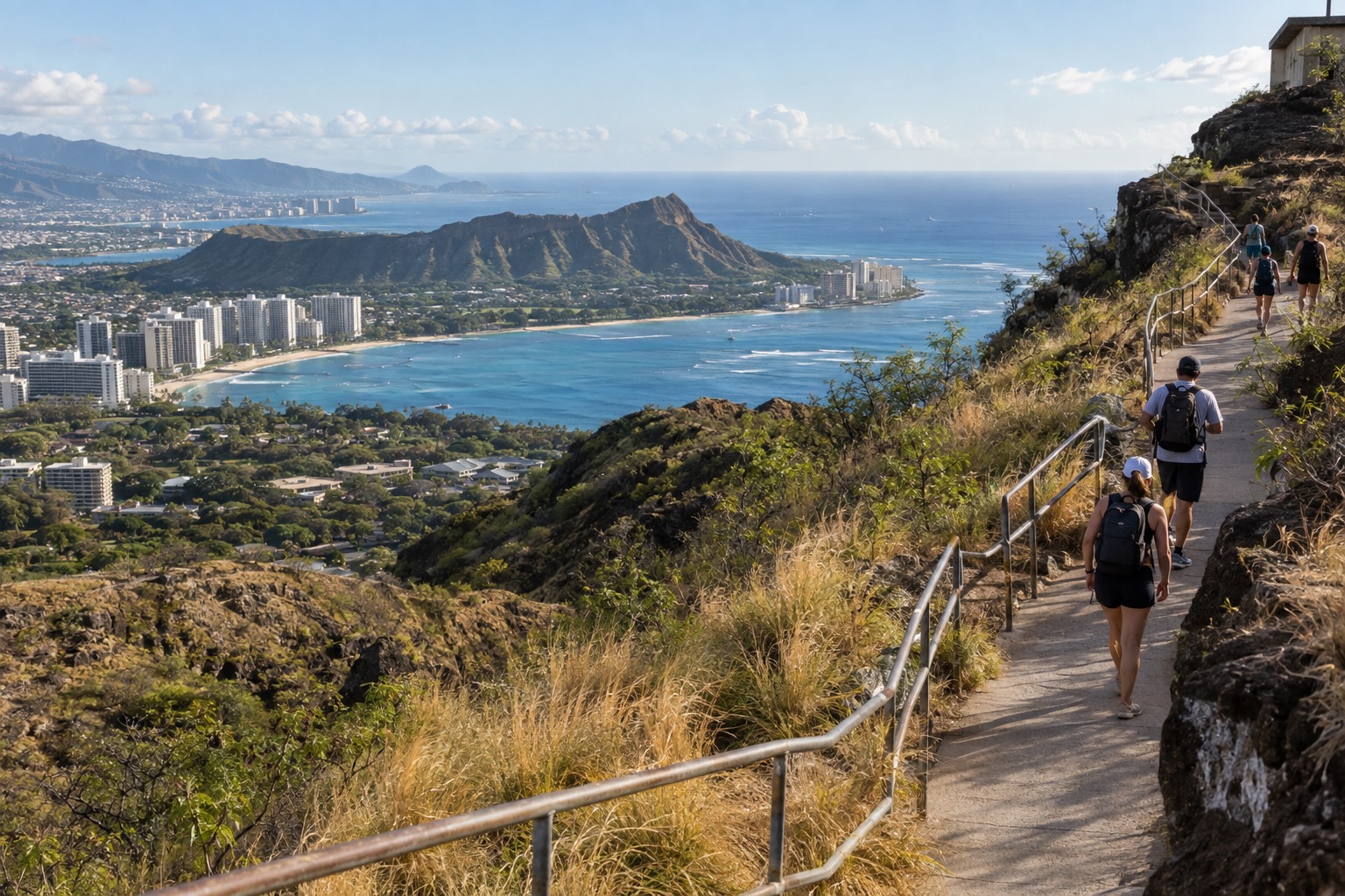 Hikers ascending a paved switchback trail toward the rim of Diamond Head crater