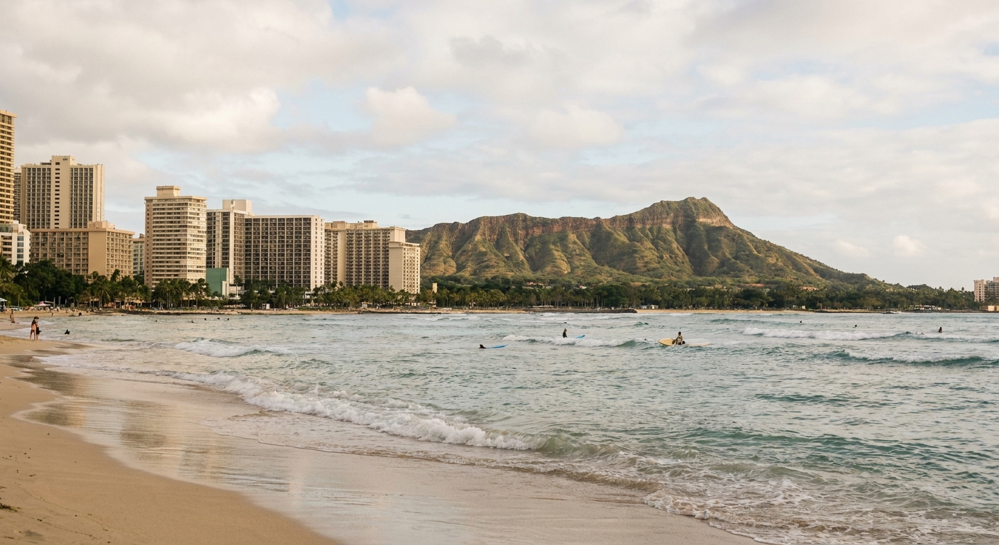 Waves rolling onto Waikiki Beach with Diamond Head crater in the background under a partly cloudy November sky