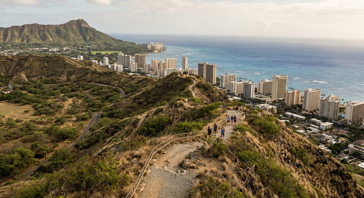 The Diamond Head summit trail switchbacking up a dry volcanic crater above Waikiki