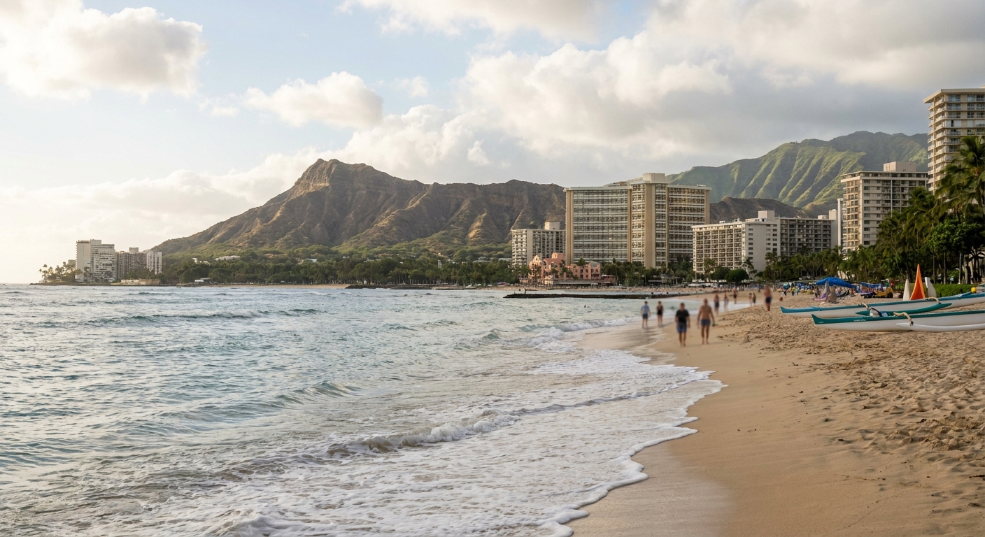 Waves breaking gently along Waikiki Beach with Diamond Head crater visible in the distance