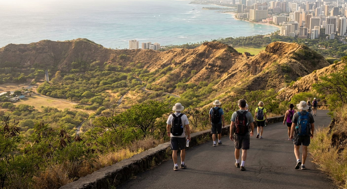 Hikers climbing paved switchbacks up the inside of the Diamond Head crater toward its summit lookout