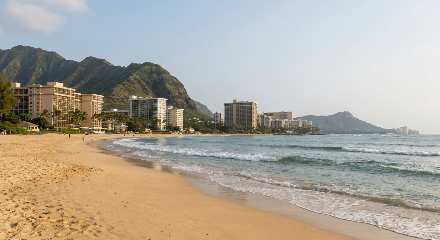 A wide sand beach with gentle rolling waves and a line of hotel towers behind it