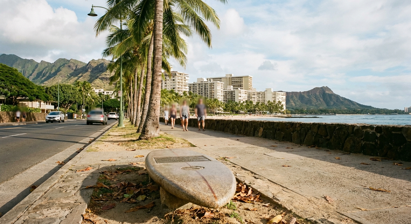 A stone marker shaped like a surfboard set into a sidewalk beside a palm-lined avenue