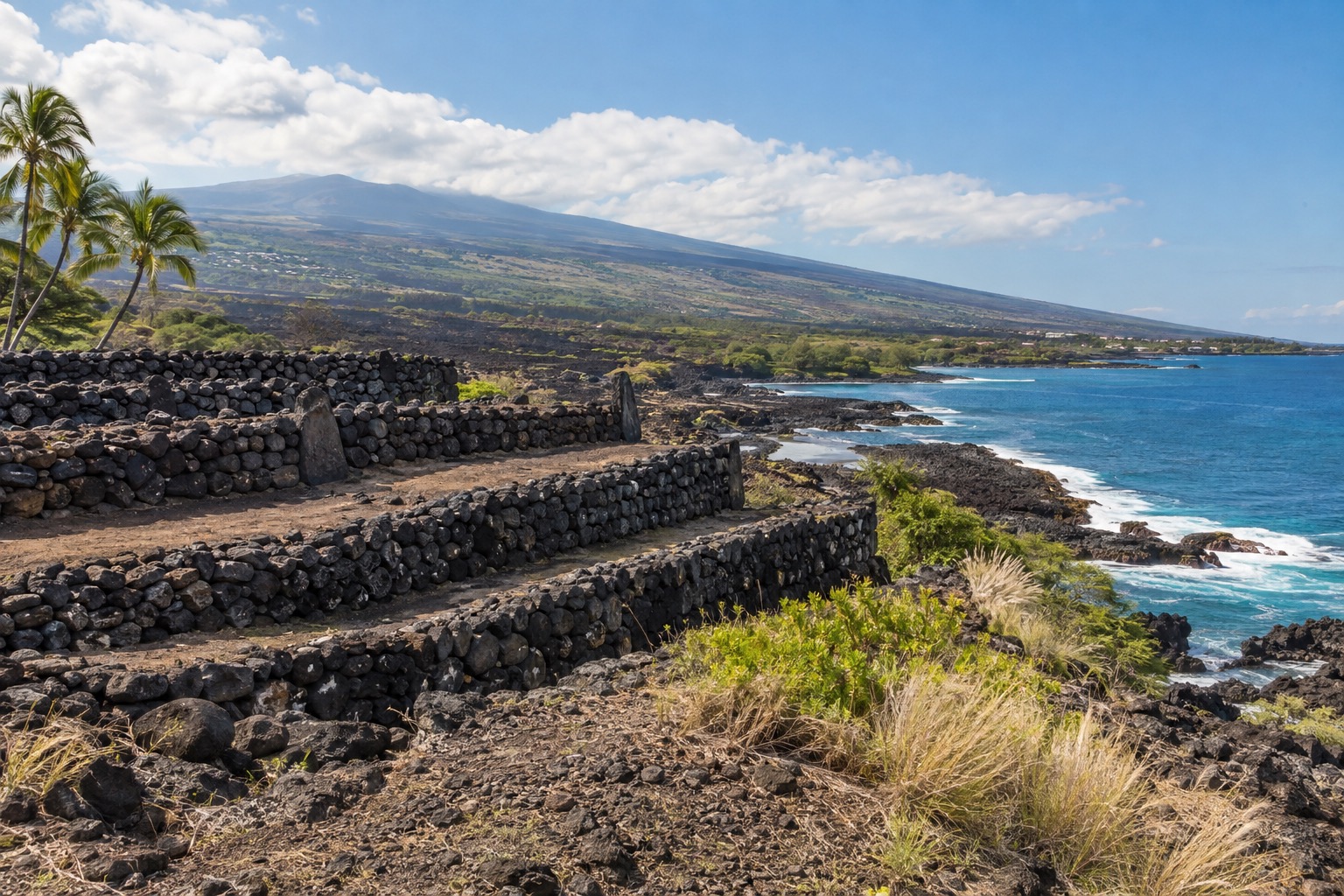 Stacked lava-rock terraces of a Hawaiian heiau overlooking the coastline