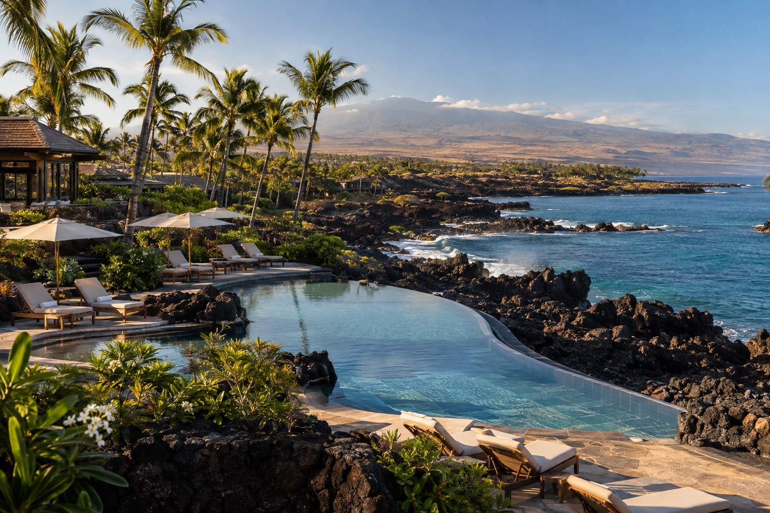 Late-afternoon light over a resort pool and palm trees on Hawaii Island's Kohala coast