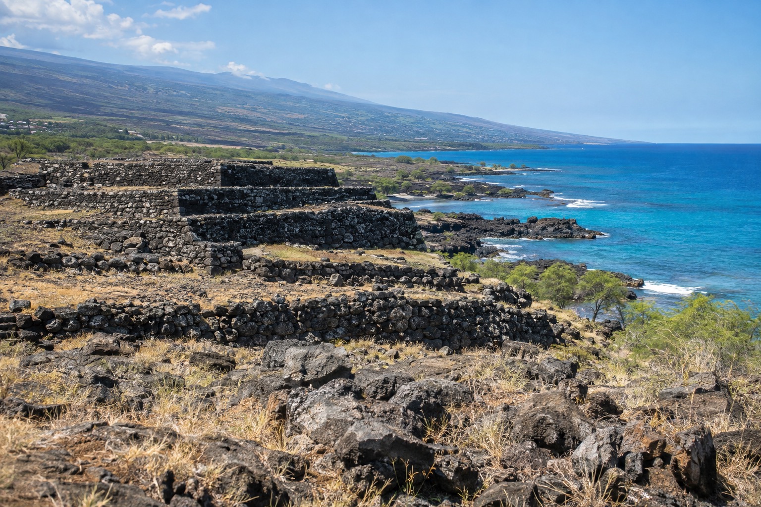 Stone terraces of a Hawaiian temple platform above a dry coastal shoreline