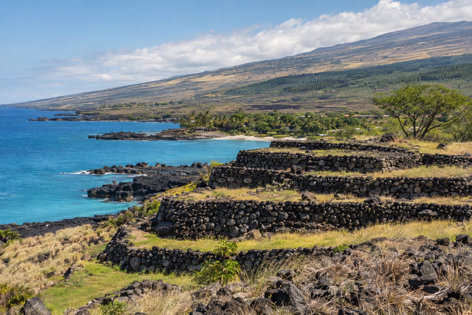 Stacked basalt terraces of a heiau on a grassy hillside above a bay