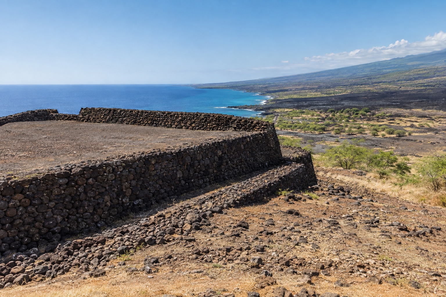 Stone temple platform of Puʻukoholā Heiau overlooking the ocean under a clear sky