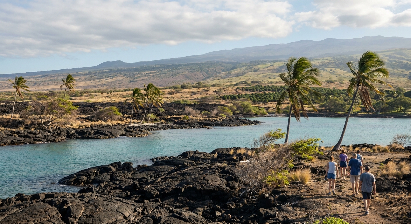 Palm-shaded lava-rock coastline with calm turquoise water along the Kohala Coast near Waikoloa