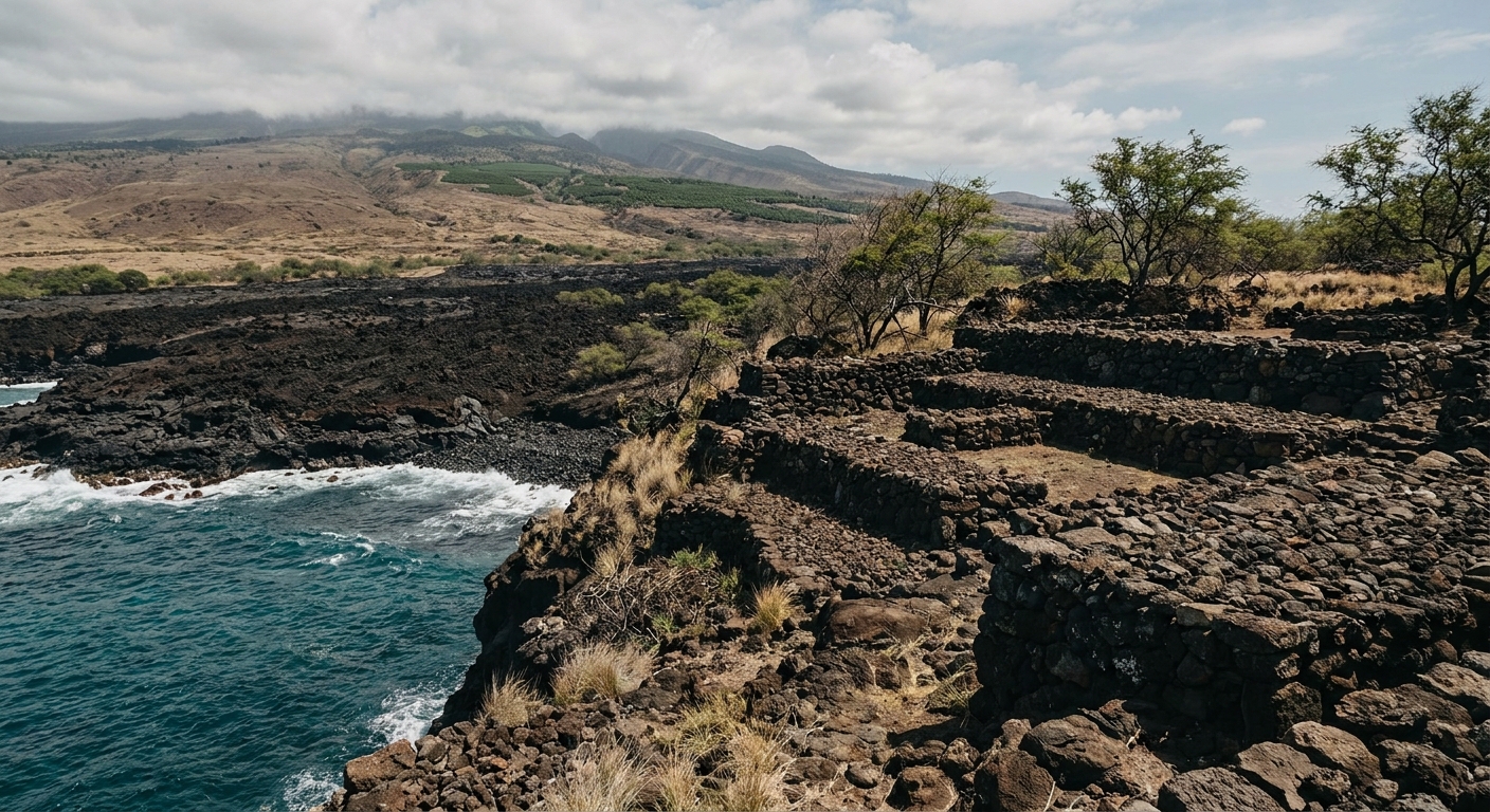 Stone terraces of a heiau overlooking the ocean on Hawaii Island's Kohala coast