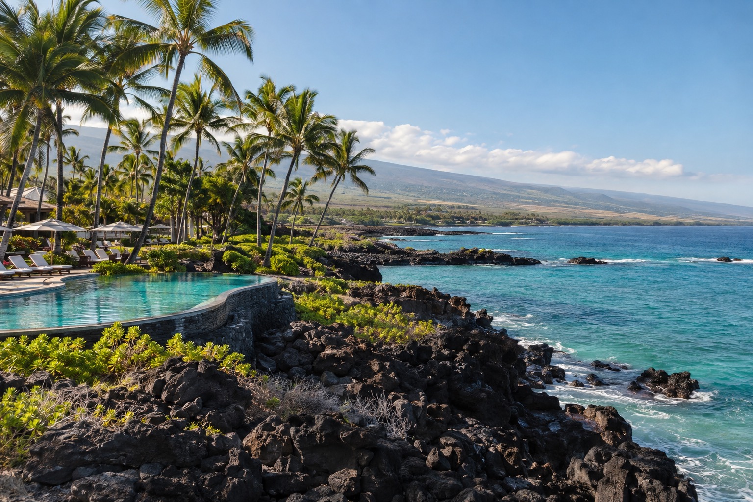 A resort pool and palm trees along a lava-rock shoreline on Hawaii Island's Kohala coast