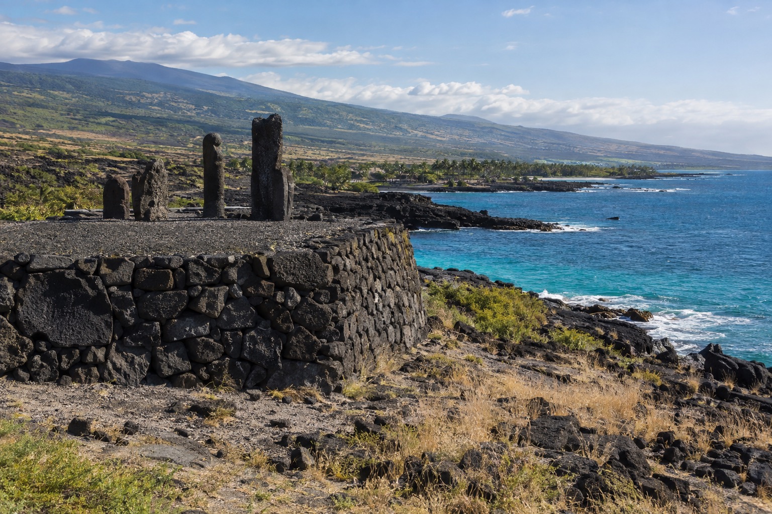 Stone temple platform overlooking the ocean at a Hawaiian historic site
