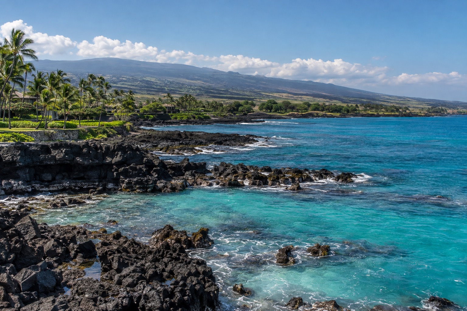 A resort shoreline along Hawaii Island's Kohala Coast with dark lava rock and turquoise water