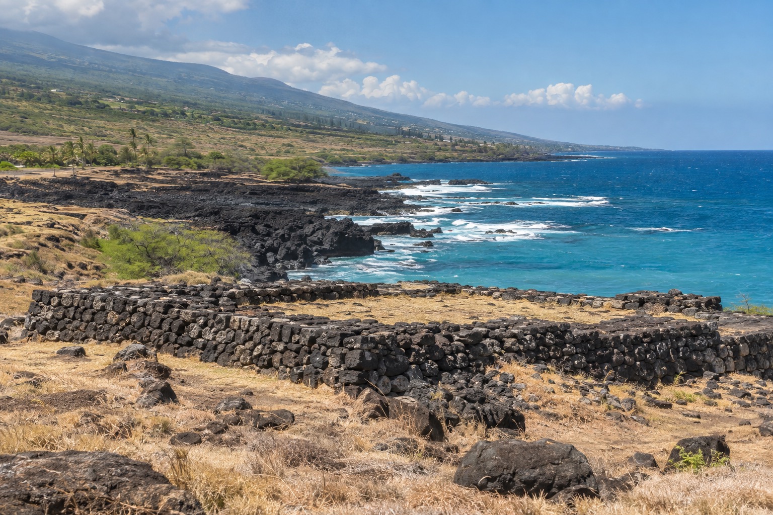 Stone platform ruins of a heiau on a dry grassy coastal bluff above the ocean