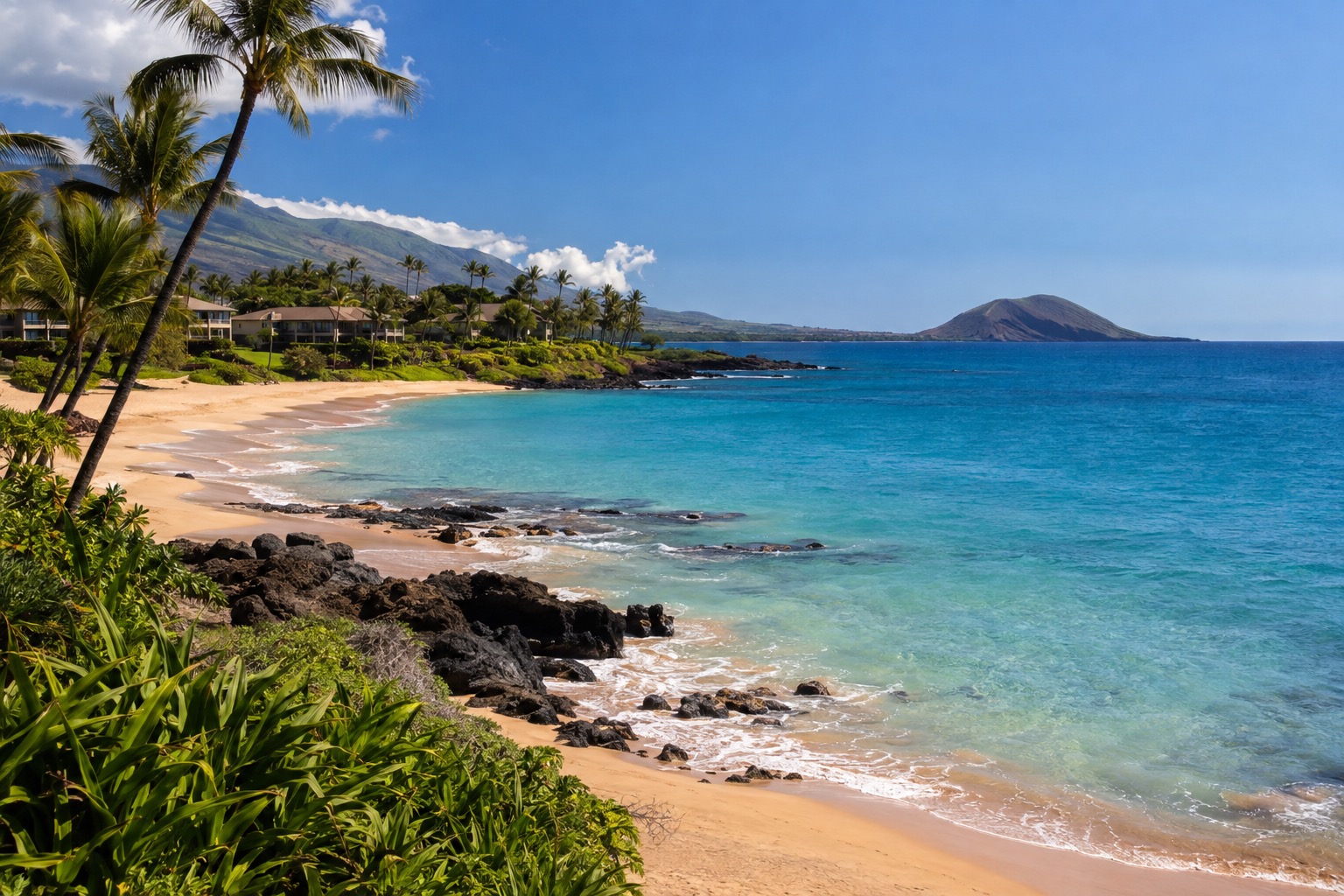 Turquoise water rimmed by a low volcanic crescent islet visible offshore under a clear sky