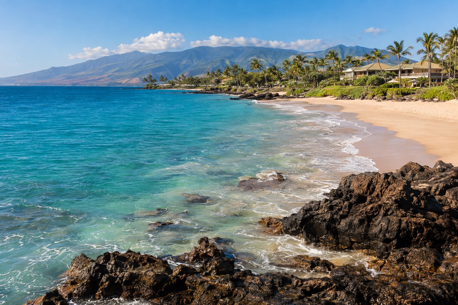 Turquoise water and a crescent white-sand beach along Wailea's resort coast