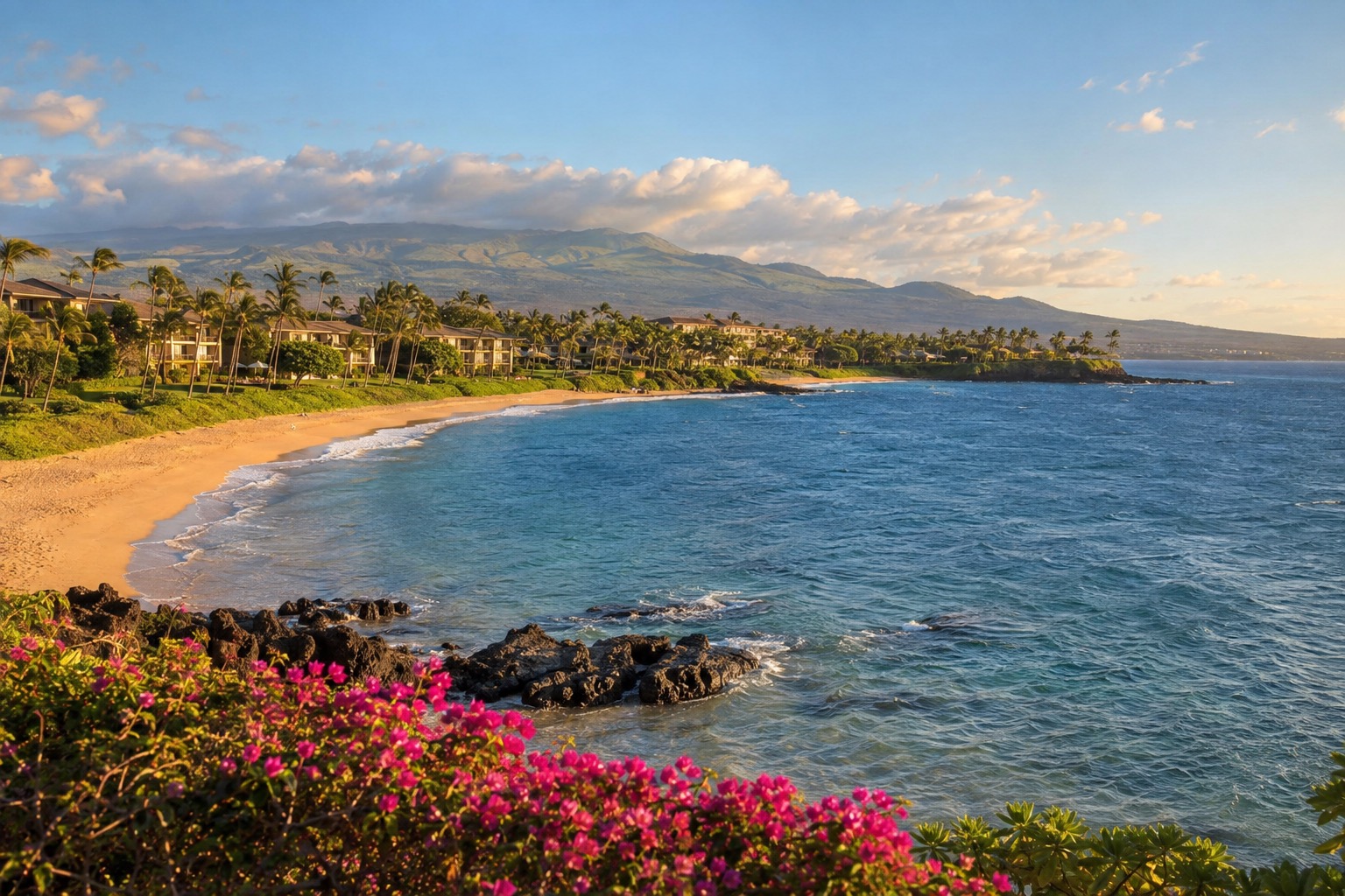 Crescent-shaped beach at Wailea with resort grounds and the ocean beyond