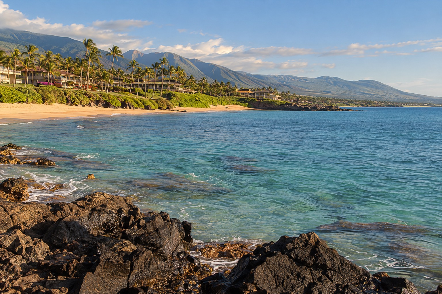 A calm turquoise cove along Wailea's coastal path with lava rock at the edge