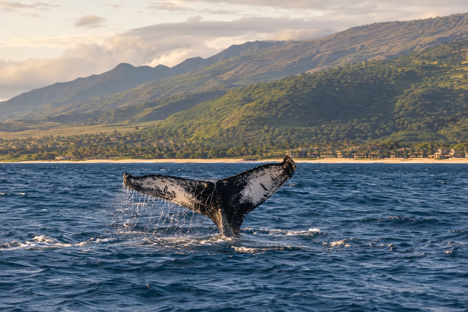 A humpback whale's tail breaking the surface off a Maui beach with green hills behind