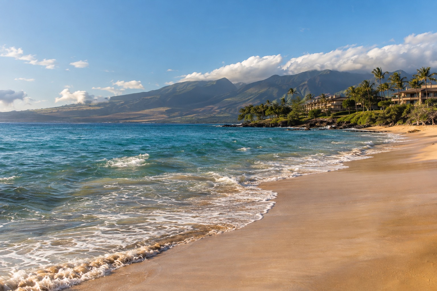 Empty stretch of sand and turquoise water along a resort coastline in winter light