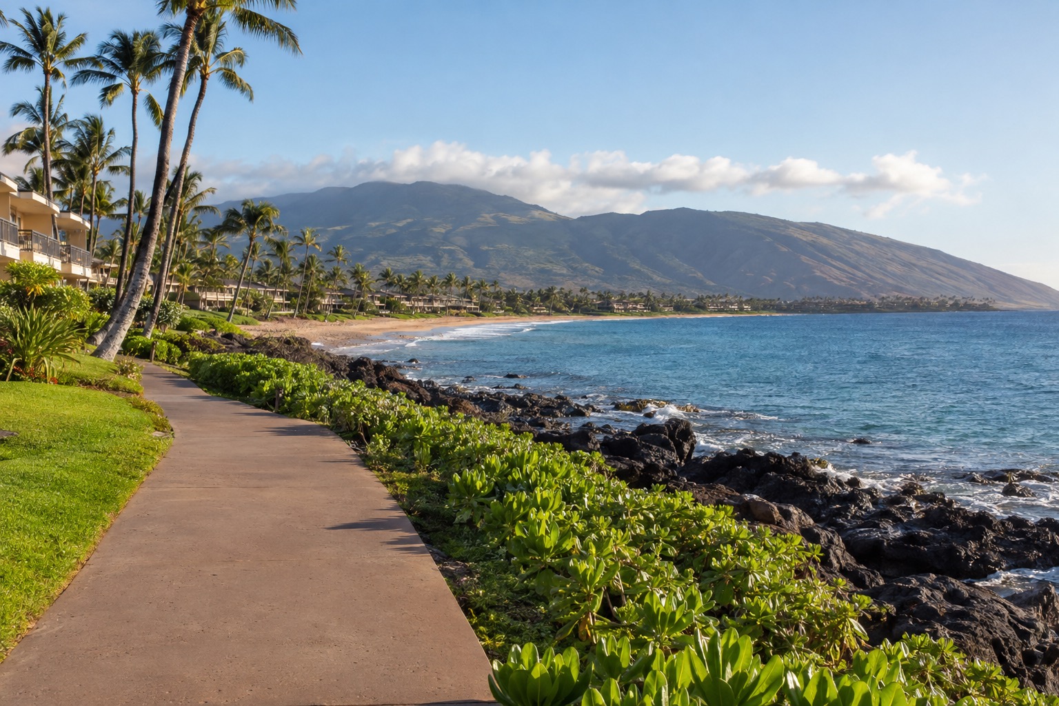 A paved coastal walking path running along a beach on Maui's leeward coast