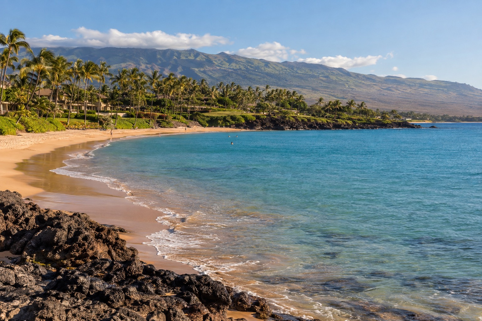 A crescent beach in Wailea with palm-lined sand and calm turquoise water