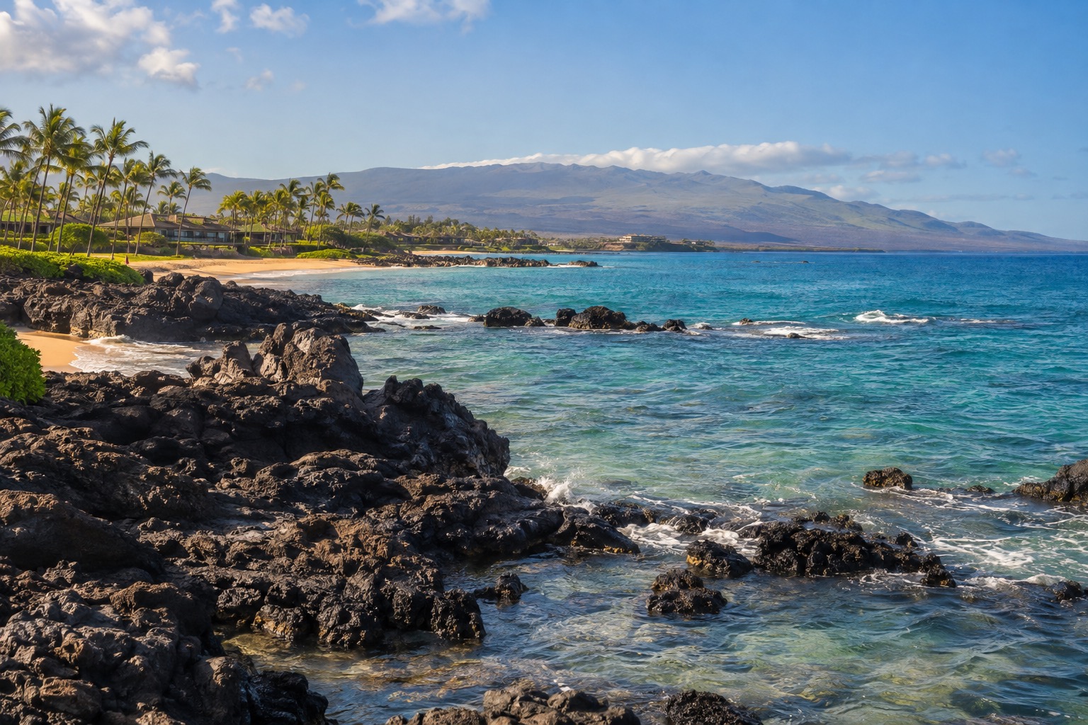 A rocky coastline reserve with lava rock and turquoise water south of Wailea
