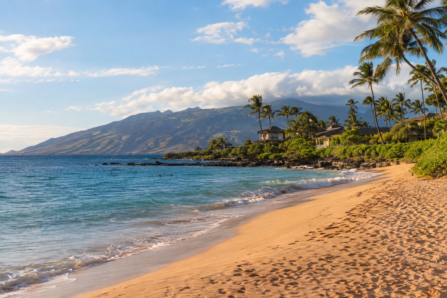 A golden sand beach in South Maui with palm trees and calm turquoise water