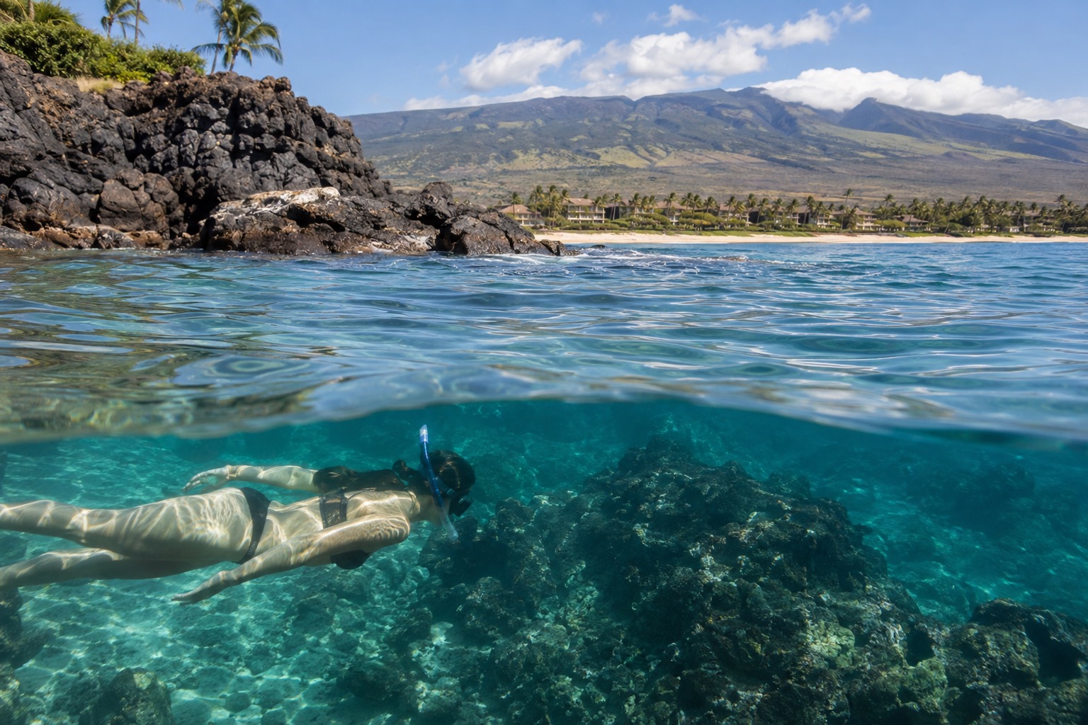 A snorkeler swimming near a lava rock point off Maui's south shore