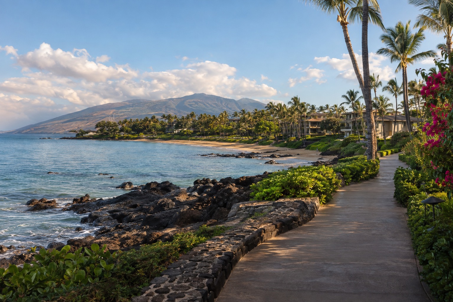 A paved coastal path along a Wailea beach with palm trees and calm turquoise water