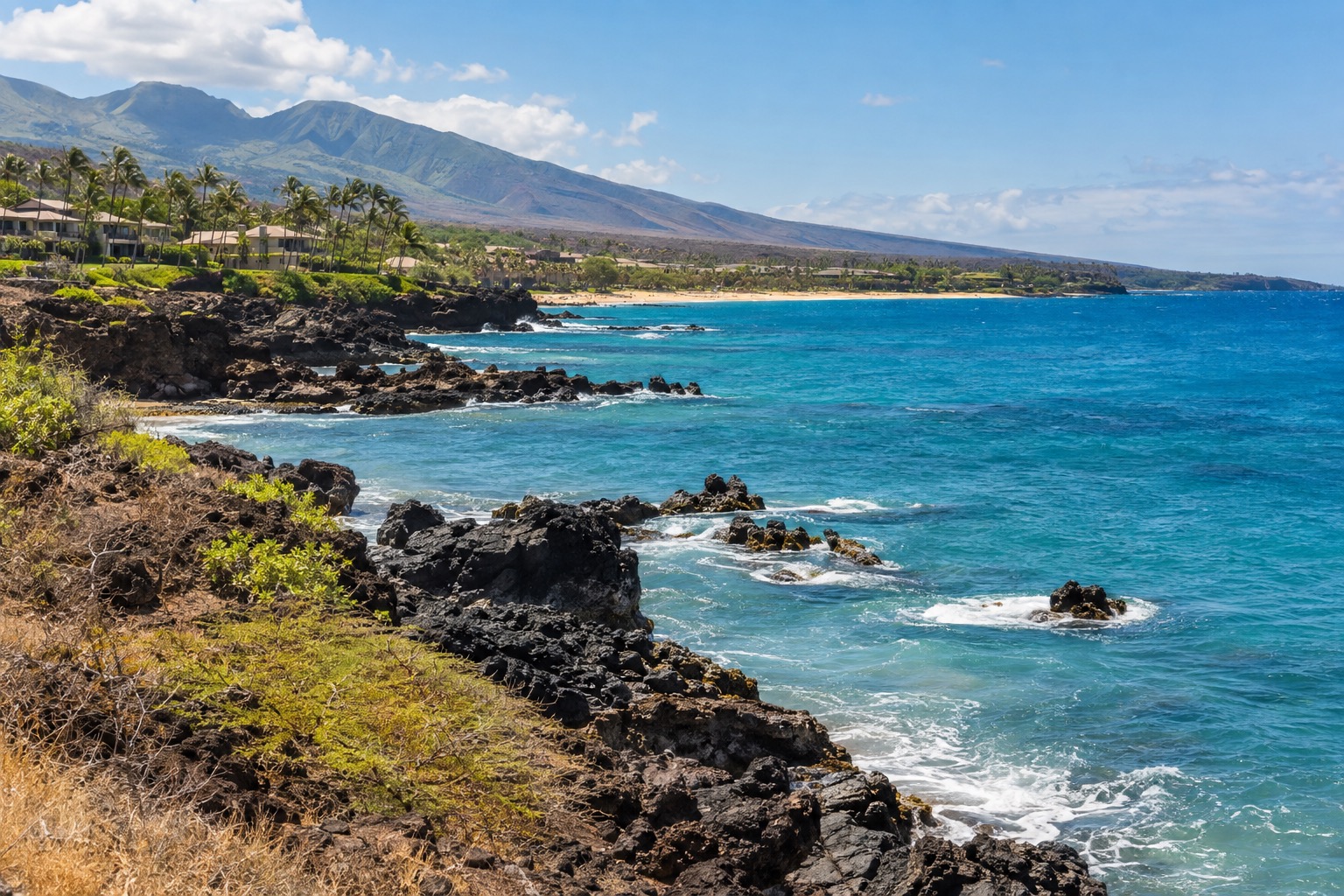 A rocky lava coastline south of Wailea with dry scrub and turquoise water offshore